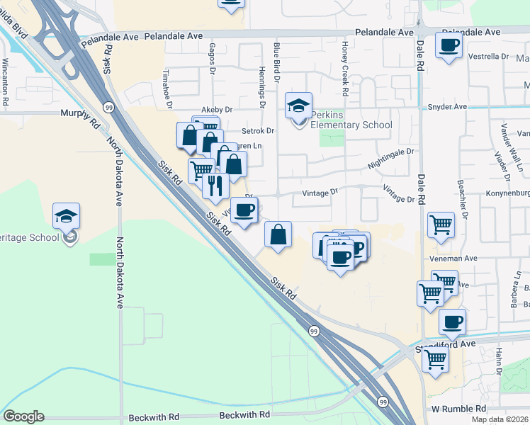 map of restaurants, bars, coffee shops, grocery stores, and more near 3424 Vintage Drive in Modesto