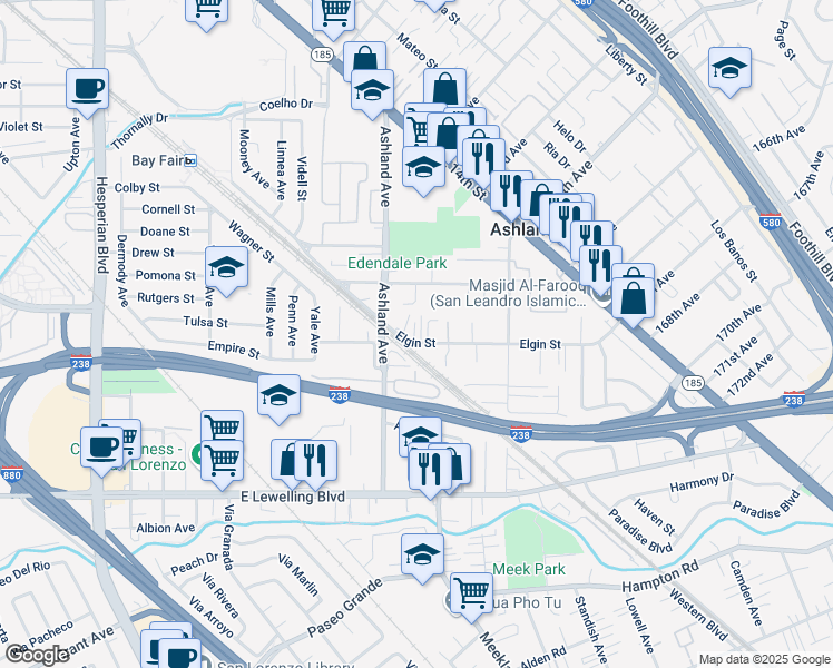 map of restaurants, bars, coffee shops, grocery stores, and more near 820 Elgin Street in San Lorenzo