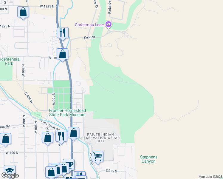 map of restaurants, bars, coffee shops, grocery stores, and more near 323 East Cedar Ridge Circle in Cedar City