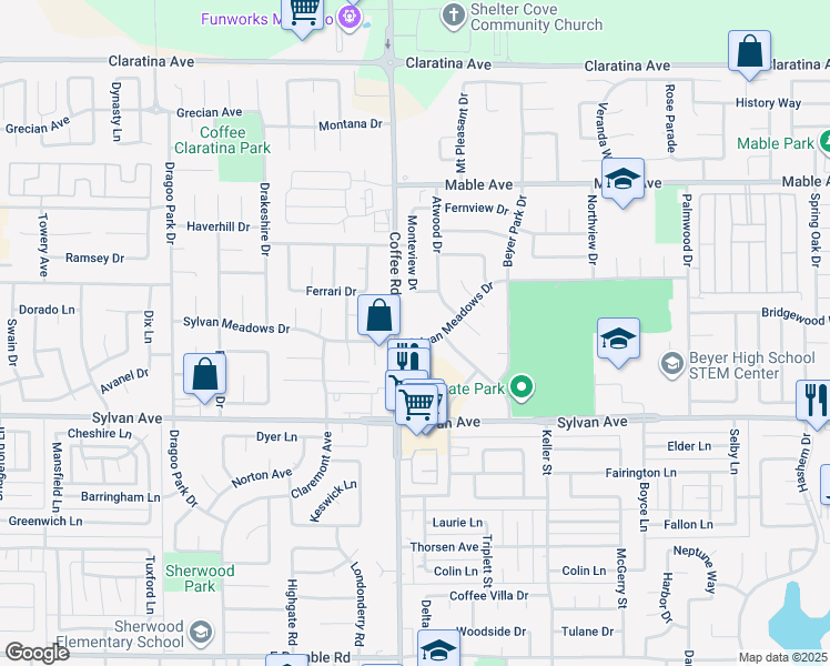 map of restaurants, bars, coffee shops, grocery stores, and more near 3708 Coffee Road in Modesto