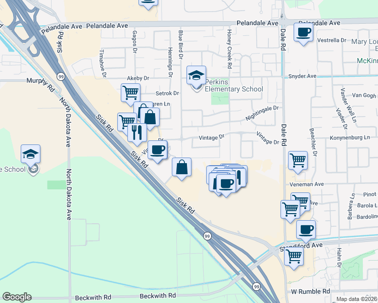 map of restaurants, bars, coffee shops, grocery stores, and more near 3625 Eternity Way in Modesto