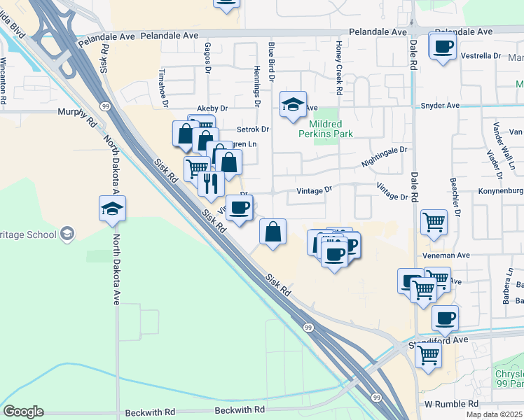map of restaurants, bars, coffee shops, grocery stores, and more near 3633 Blue Bird Drive in Modesto