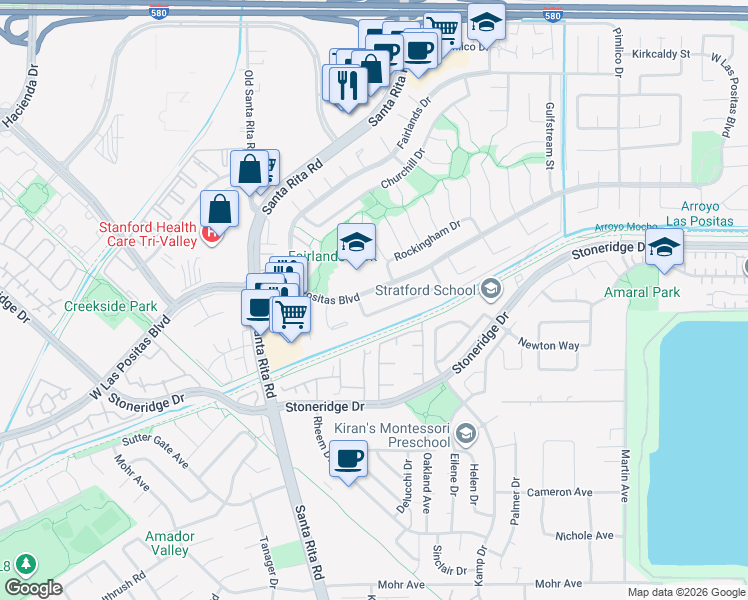 map of restaurants, bars, coffee shops, grocery stores, and more near 4148 West Las Positas Boulevard in Pleasanton