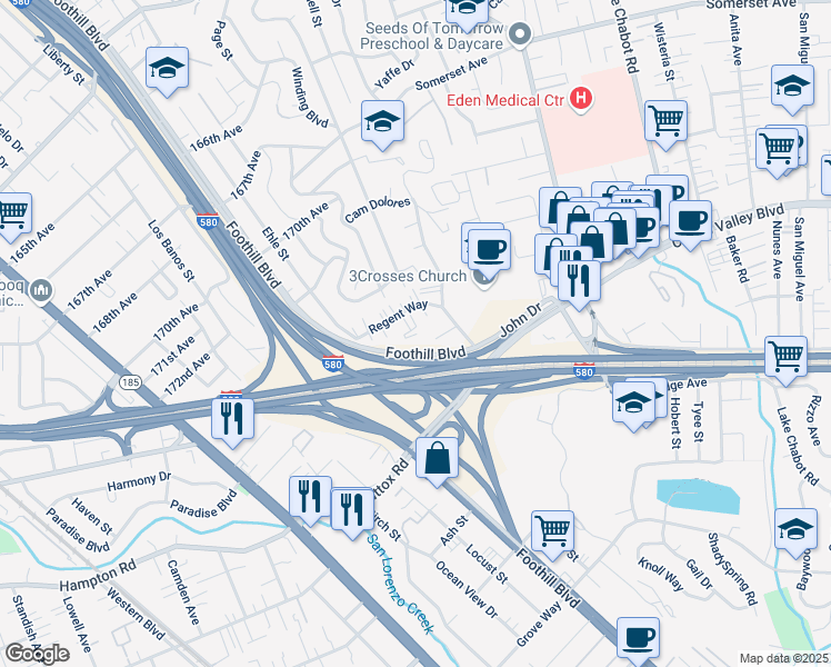 map of restaurants, bars, coffee shops, grocery stores, and more near 2281 Regent Way in Castro Valley