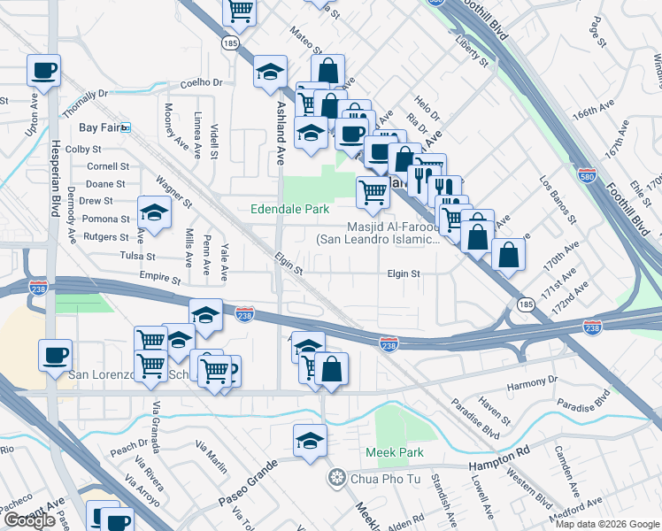 map of restaurants, bars, coffee shops, grocery stores, and more near 922 Elgin Court in San Lorenzo