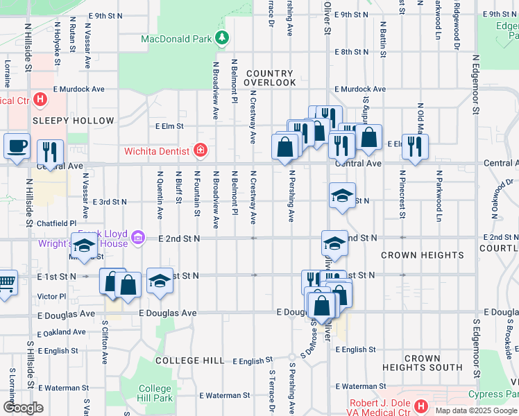 map of restaurants, bars, coffee shops, grocery stores, and more near 401 North Crestway Street in Wichita