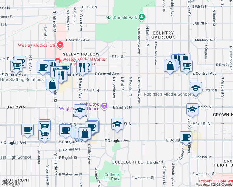 map of restaurants, bars, coffee shops, grocery stores, and more near 401 North Bluff Street in Wichita