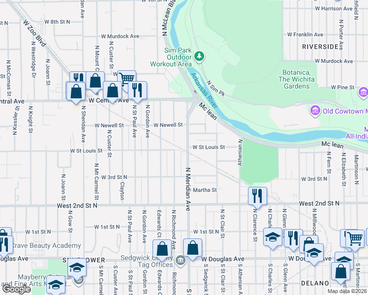 map of restaurants, bars, coffee shops, grocery stores, and more near 508 North Meridian Avenue in Wichita