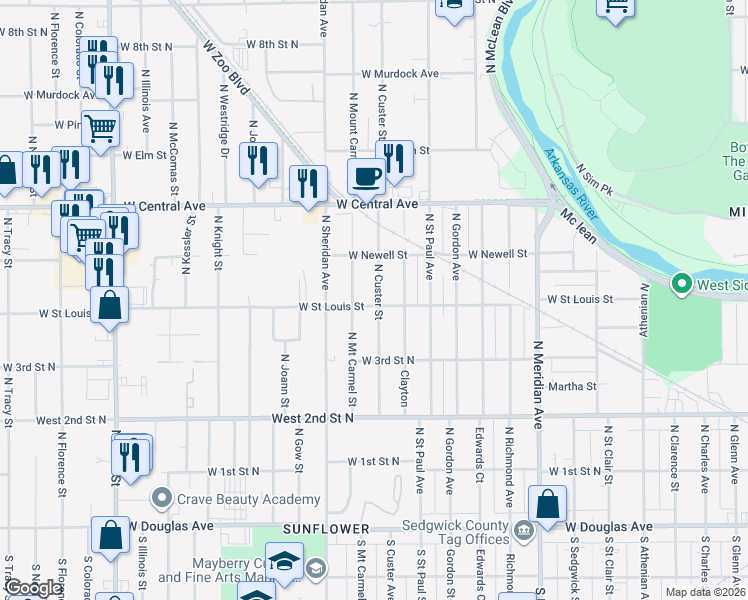 map of restaurants, bars, coffee shops, grocery stores, and more near 523 N Custer in Wichita