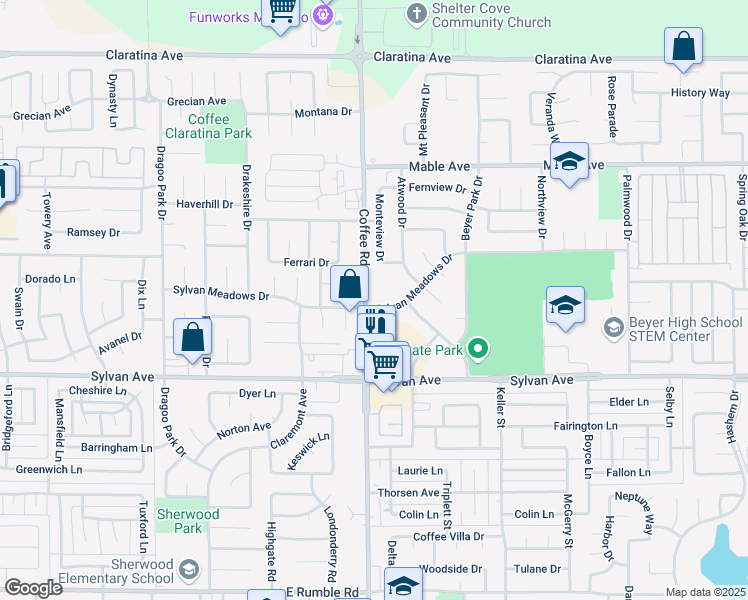 map of restaurants, bars, coffee shops, grocery stores, and more near 1301 Sylvan Meadows Drive in Modesto