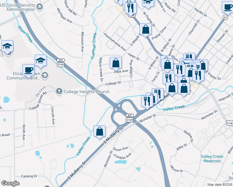 map of restaurants, bars, coffee shops, grocery stores, and more near 499 Lexington Avenue in Elizabethtown