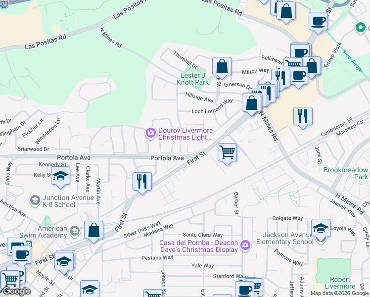 map of restaurants, bars, coffee shops, grocery stores, and more near 3873 Inverness Common in Livermore