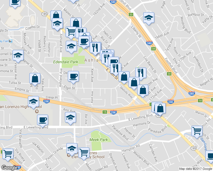 map of restaurants, bars, coffee shops, grocery stores, and more near 1124 Elgin Street in San Lorenzo