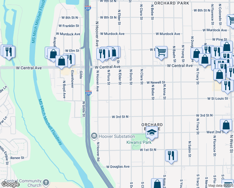 map of restaurants, bars, coffee shops, grocery stores, and more near 523 North Elder Street in Wichita