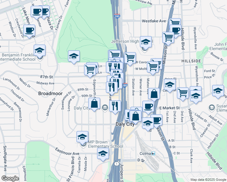 map of restaurants, bars, coffee shops, grocery stores, and more near 295 89th Street in Daly City