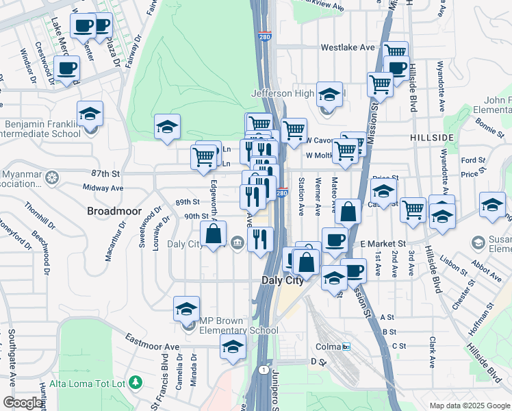 map of restaurants, bars, coffee shops, grocery stores, and more near 295 89th Street in Daly City