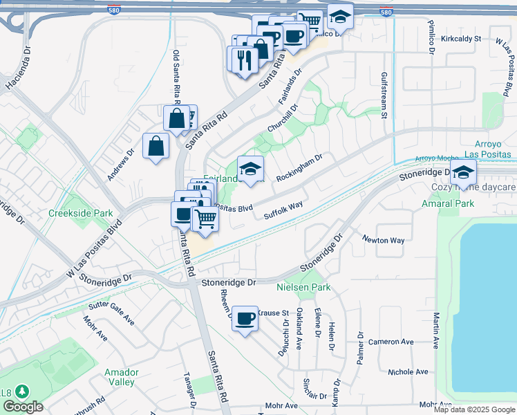 map of restaurants, bars, coffee shops, grocery stores, and more near 4148 West Las Positas Boulevard in Pleasanton