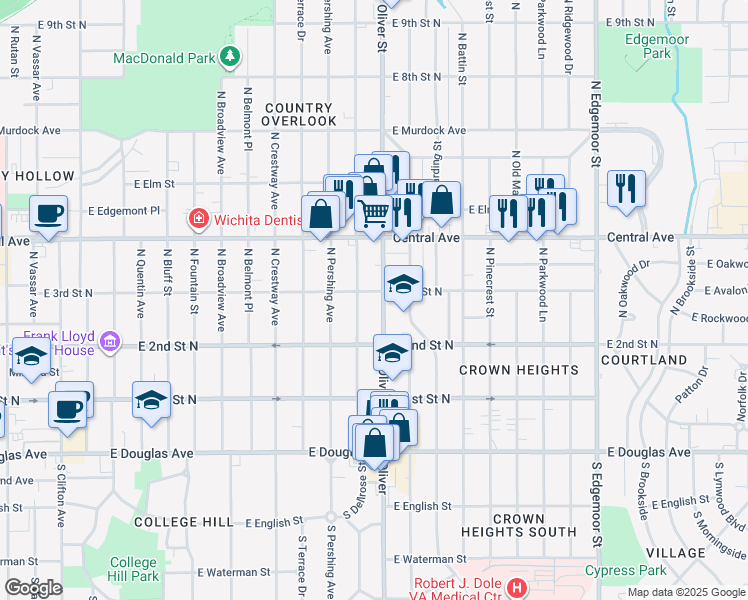 map of restaurants, bars, coffee shops, grocery stores, and more near 353 North Oliver Street in Wichita