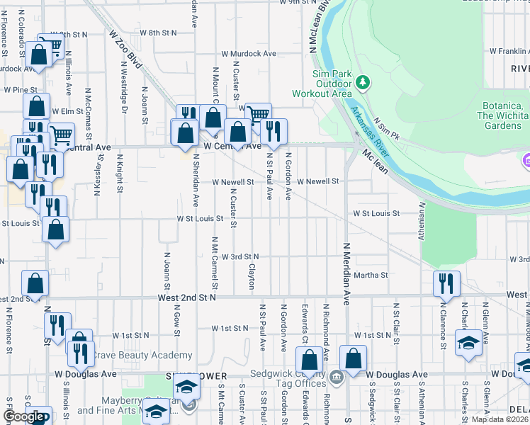map of restaurants, bars, coffee shops, grocery stores, and more near 520 North Saint Paul Street in Wichita