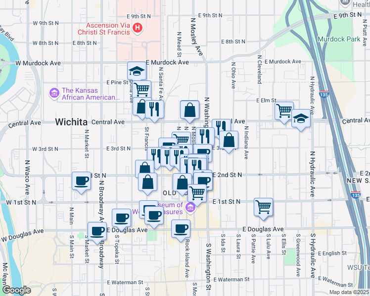 map of restaurants, bars, coffee shops, grocery stores, and more near 810 East 3rd Street North in Wichita