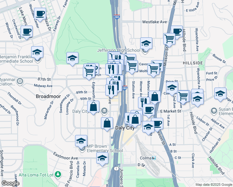 map of restaurants, bars, coffee shops, grocery stores, and more near 295 89th Street in Daly City