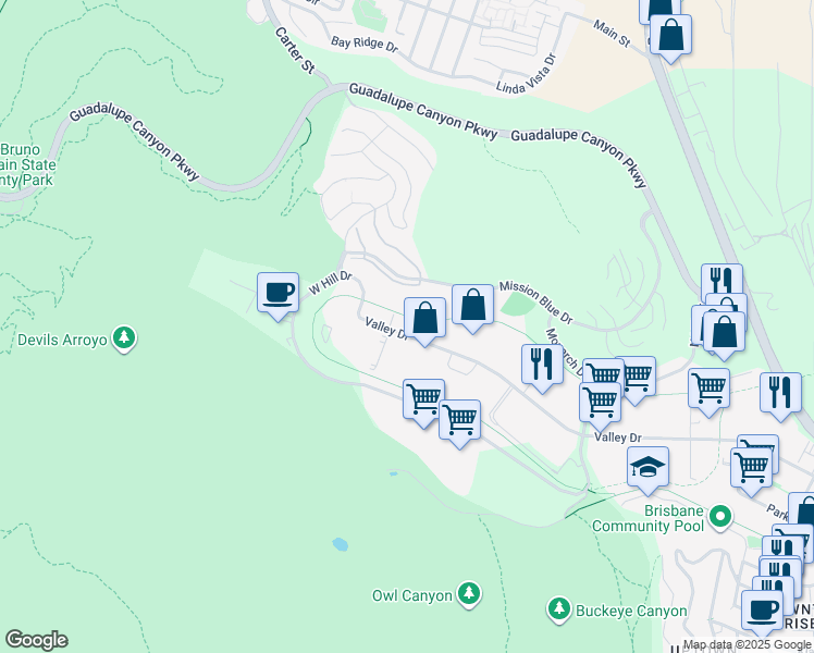 map of restaurants, bars, coffee shops, grocery stores, and more near 470 Valley Drive in Brisbane