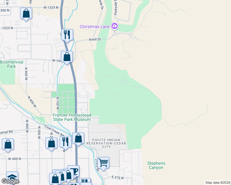map of restaurants, bars, coffee shops, grocery stores, and more near 323 East Cedar Ridge Circle in Cedar City