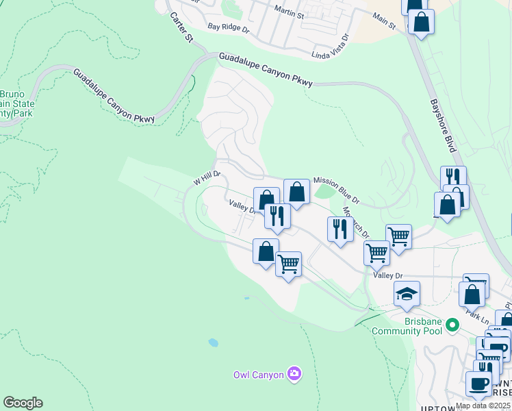 map of restaurants, bars, coffee shops, grocery stores, and more near 470 Valley Drive in Brisbane