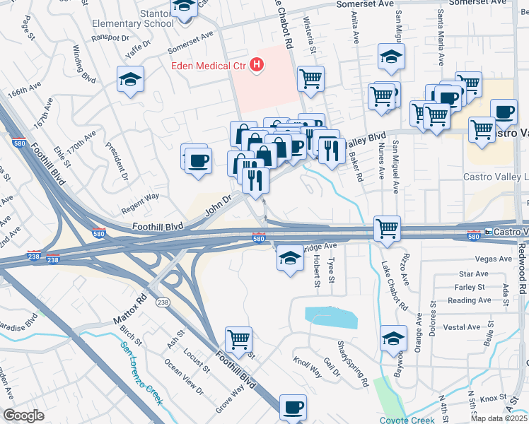 map of restaurants, bars, coffee shops, grocery stores, and more near Norbridge Avenue in Castro Valley