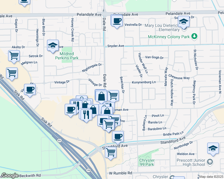 map of restaurants, bars, coffee shops, grocery stores, and more near 3620 Dale Road in Modesto