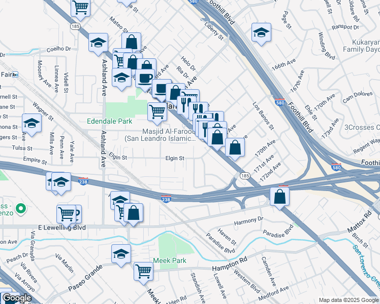 map of restaurants, bars, coffee shops, grocery stores, and more near 1124 Elgin Street in San Lorenzo