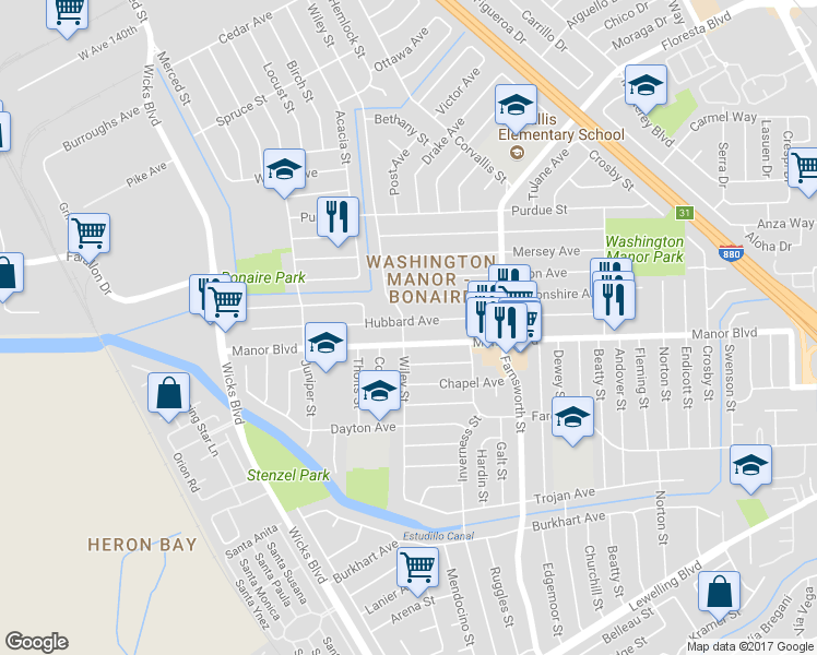 map of restaurants, bars, coffee shops, grocery stores, and more near 1387 Hubbard Avenue in San Leandro