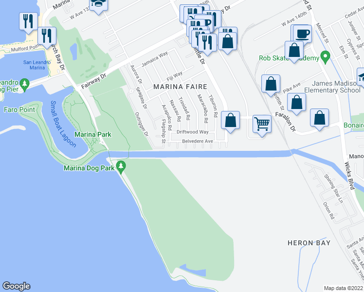 map of restaurants, bars, coffee shops, grocery stores, and more near 2434 Belvedere Avenue in San Leandro