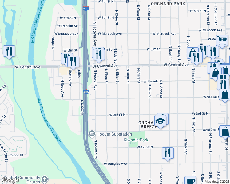map of restaurants, bars, coffee shops, grocery stores, and more near 523 North Elder Street in Wichita