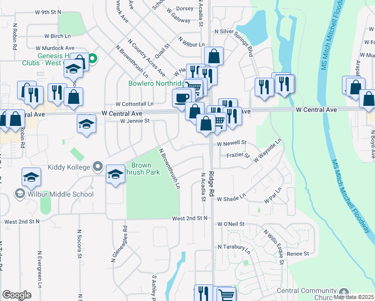map of restaurants, bars, coffee shops, grocery stores, and more near 7335 Newell Street in Wichita