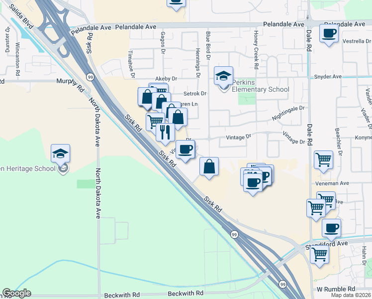 map of restaurants, bars, coffee shops, grocery stores, and more near 3424 Vintage Drive in Modesto