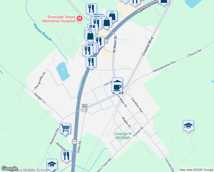 map of restaurants, bars, coffee shops, grocery stores, and more near 20468-20554 Lee Street in Onley