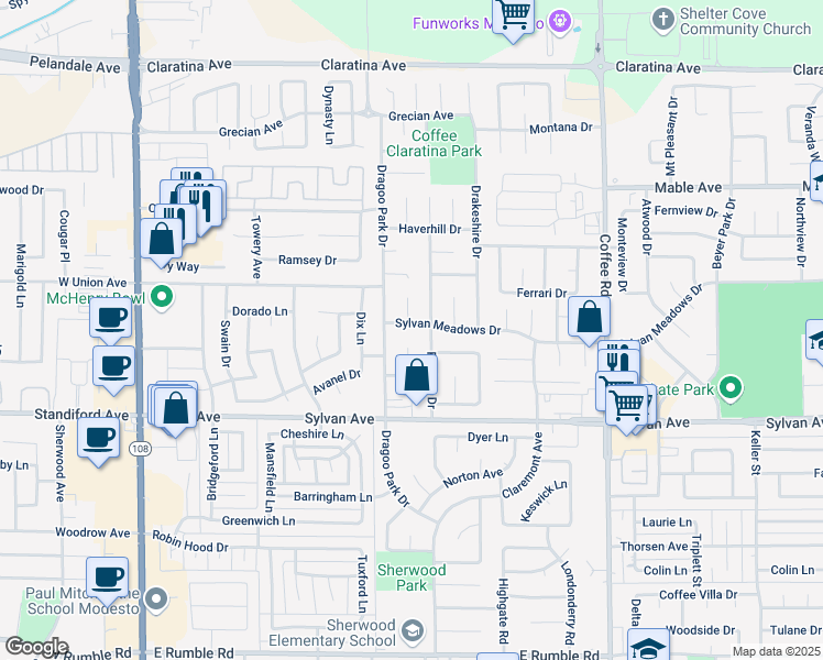 map of restaurants, bars, coffee shops, grocery stores, and more near 3701 Almond Blossom Court in Modesto