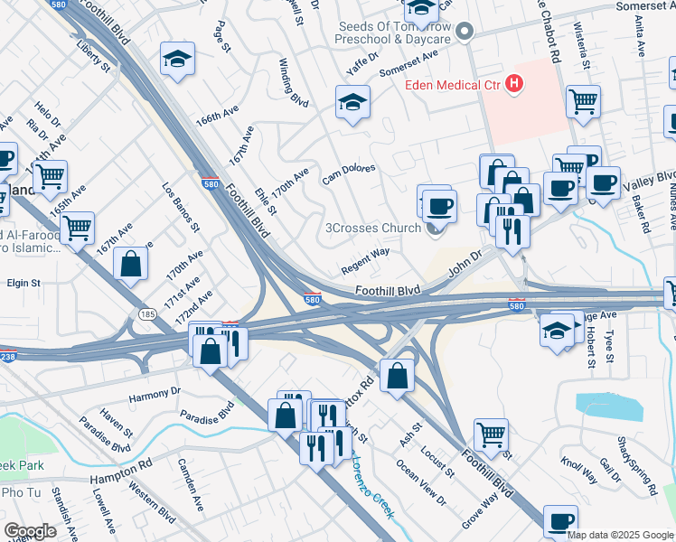 map of restaurants, bars, coffee shops, grocery stores, and more near 2086 Regent Way in Castro Valley