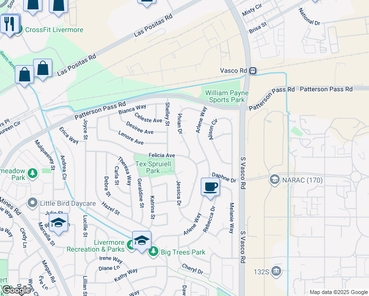 map of restaurants, bars, coffee shops, grocery stores, and more near 775 Vivian Drive in Livermore