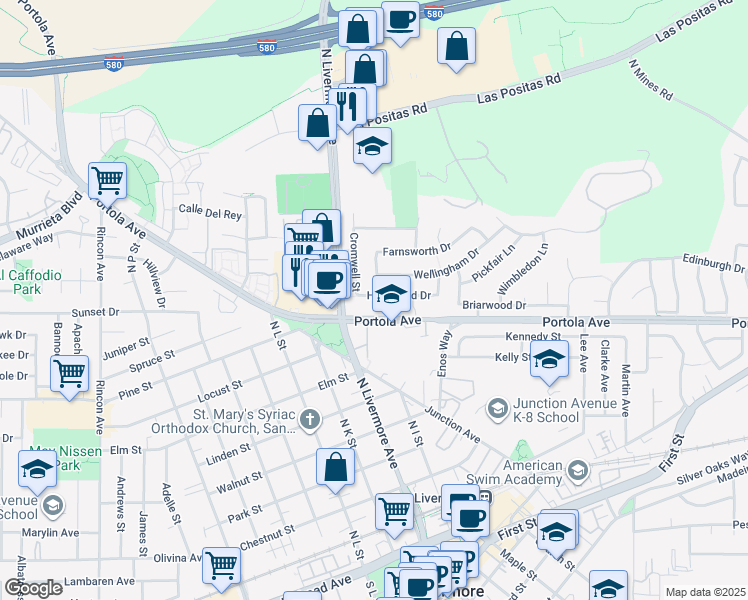 map of restaurants, bars, coffee shops, grocery stores, and more near 2389 Harewood Drive in Livermore