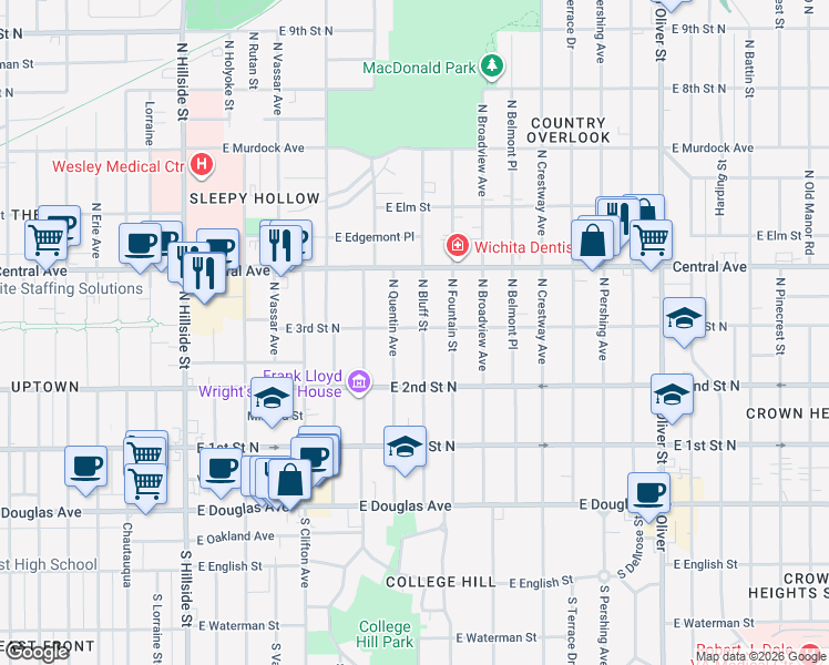 map of restaurants, bars, coffee shops, grocery stores, and more near 401 North Bluff Street in Wichita