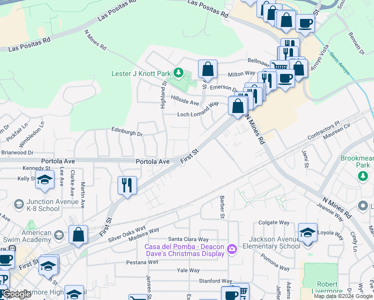 map of restaurants, bars, coffee shops, grocery stores, and more near 3968 Inverness Common in Livermore