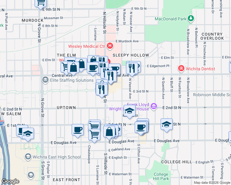map of restaurants, bars, coffee shops, grocery stores, and more near 362 North Holyoke Street in Wichita
