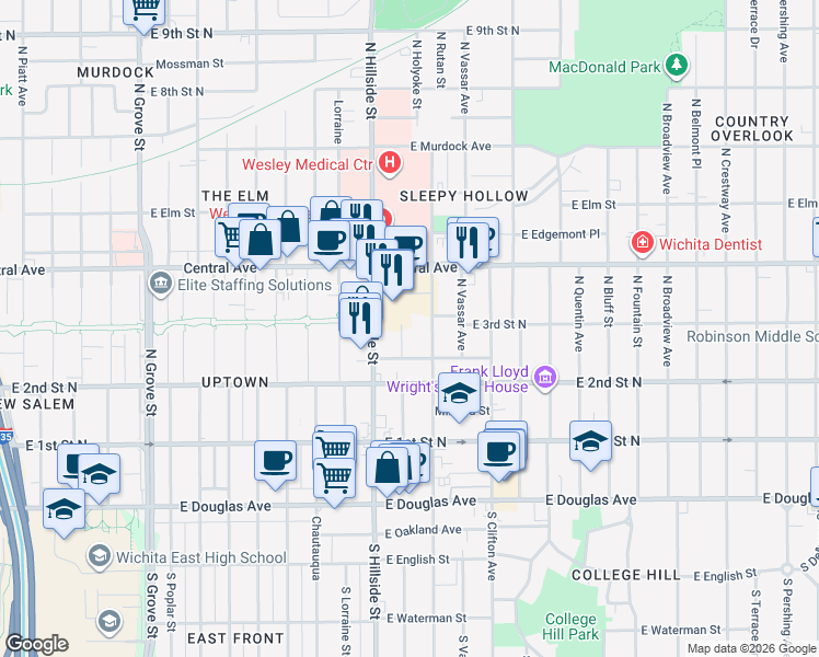 map of restaurants, bars, coffee shops, grocery stores, and more near 362 North Holyoke Street in Wichita