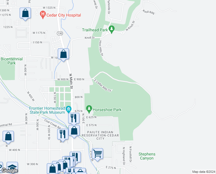 map of restaurants, bars, coffee shops, grocery stores, and more near 331 East Cedar Ridge Circle in Cedar City