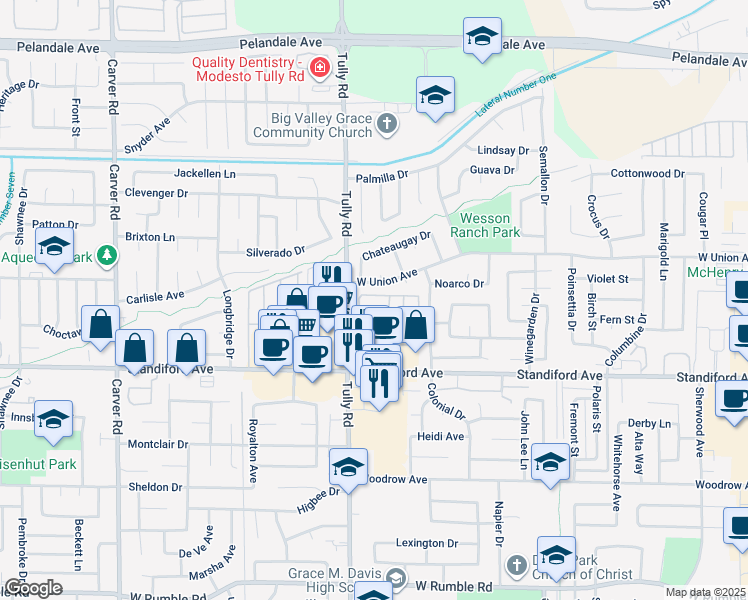map of restaurants, bars, coffee shops, grocery stores, and more near 3700 Tully Road in Modesto
