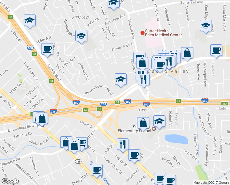 map of restaurants, bars, coffee shops, grocery stores, and more near 20472 John Drive in Castro Valley