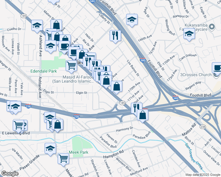 map of restaurants, bars, coffee shops, grocery stores, and more near 16714 East 14th Street in San Leandro