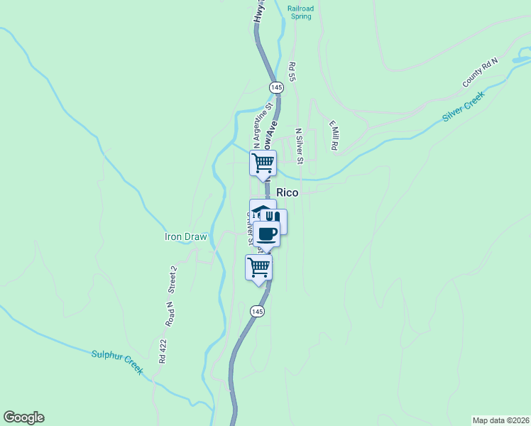 map of restaurants, bars, coffee shops, grocery stores, and more near 1 South Glasgow Avenue in Rico